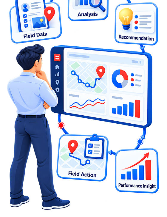 Visual flow: Field Data to Analysis, Recommendation, Field Action, and Performance Insight